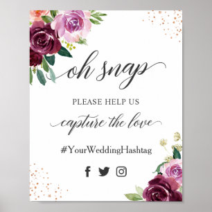 Poster Oh Sinal de Casamento Floral de Plum Purple Hashta