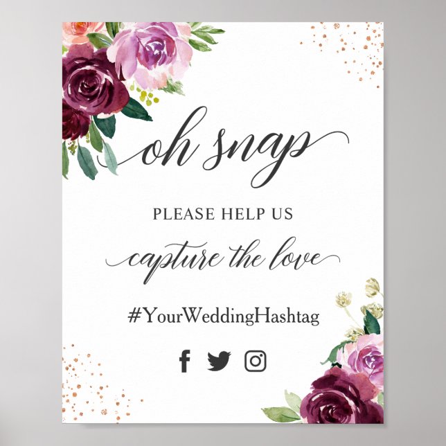 Poster Oh Sinal de Casamento Floral de Plum Purple Hashta (Frente)