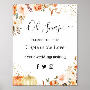 Poster Oh Sinal de Hashtag Floral Dourado de outono