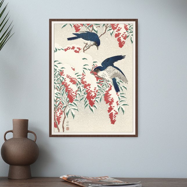 Poster Ohara Koson Flycatchers em Nandina Bush Bird Japão (Criador carregado)