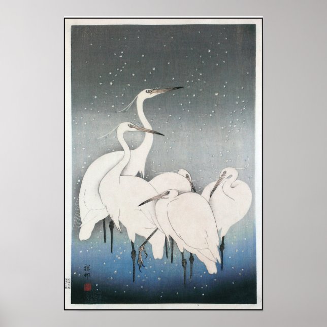 Pôster Ohara Koson's Vintage Egrets in the Snow (Frente)