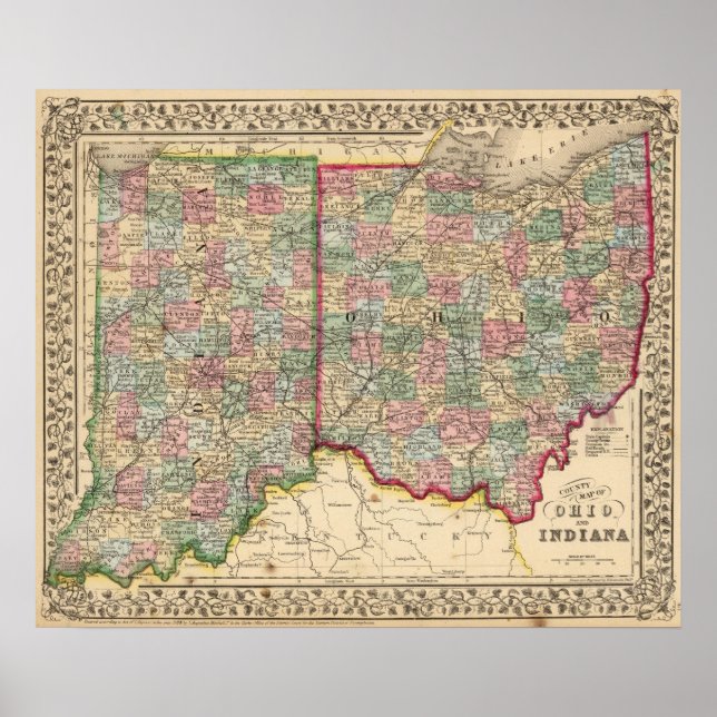 Pôster Ohio, Mapa de Indiana por Mitchell (Frente)