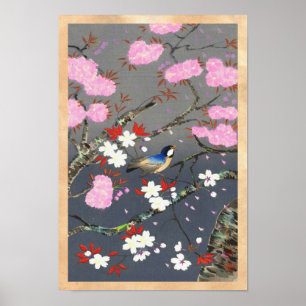 Poster Ohno Bakufu Cherry Blossoms bluebird shin hanga