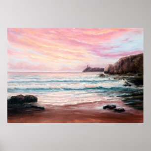 Poster  oil painting of beautiful purple sunset over ocea