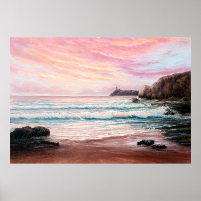 Poster  oil painting of beautiful purple sunset over ocea (Frente)