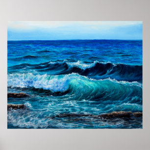 Poster Oil painting showing waves in ocean or sea on canv