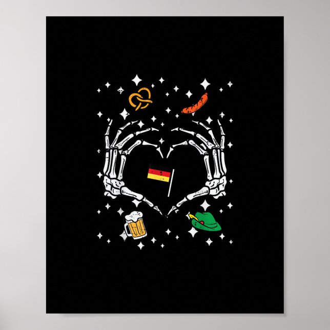 Poster Oktoberfest Skeleton Hand Heart Flag Alemão (Frente)