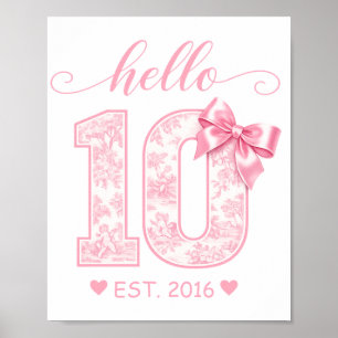 Poster Olá 10 Aniversário   Rosa Olá 10 Ano Personalizado