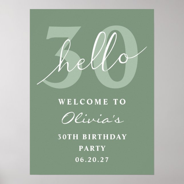 Poster Olá 30 Modern Simple Sage Green Birthday (Frente)