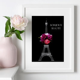 Pôster Olá Belas Peônias Dramáticas Com Torre Eiffel