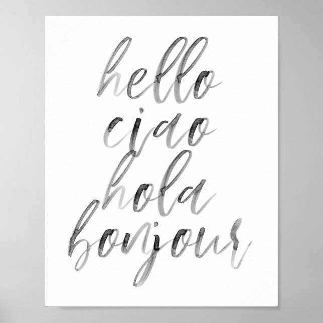 Poster Olá Ciao Hola Bonjour Watercolor Script (Frente)