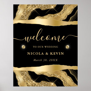 Poster Olá de casamento em folha preta e ágata com brilho