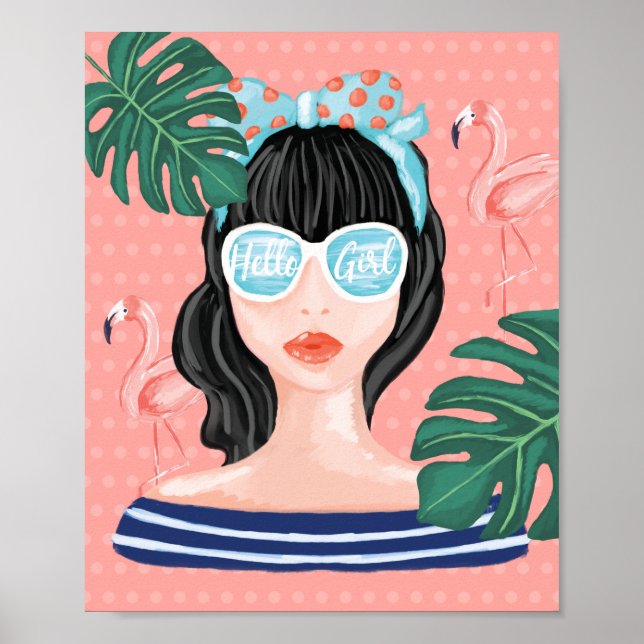 Poster Olá Garota | Praia Bela Retro Tropical Flamingo (Frente)