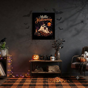 Poster Olá Halloween Fantasma Fofo Bebendo Café
