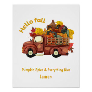 Pôster Olá Outono Personalizado Caminhão Vermelho Colheit