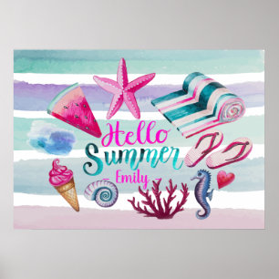 Poster Olá Summer Watercolor Monograma Beach Strips