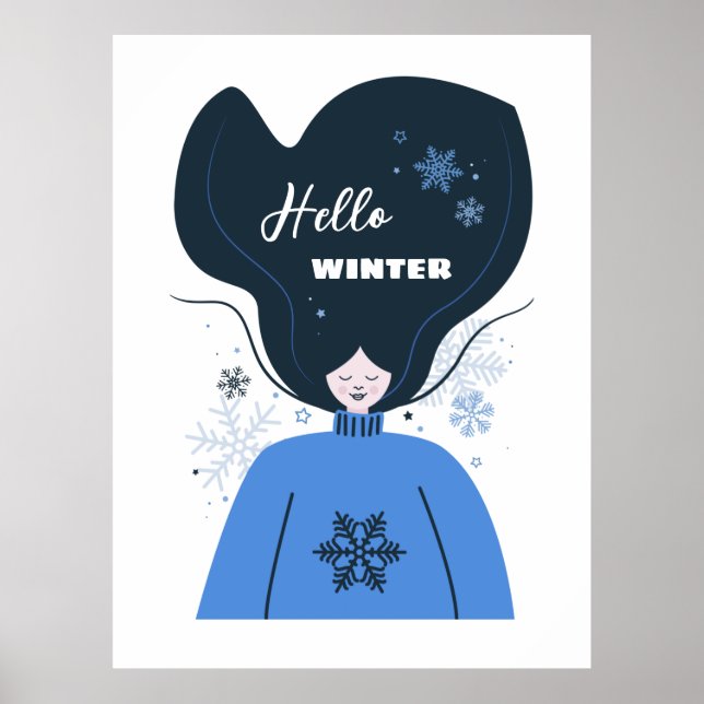 Poster Olá Winter, flocos de neve e linda garota (Frente)
