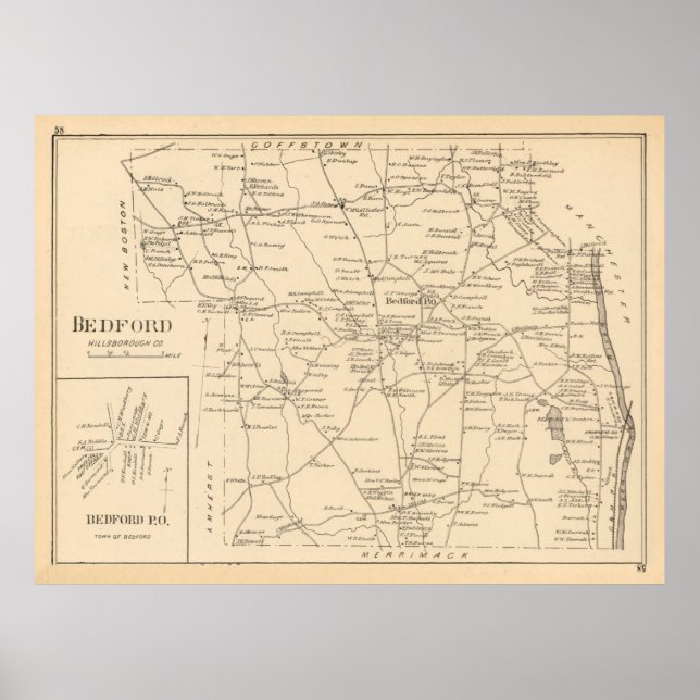 Poster Old Bedford NH Map (1892)  (Frente)