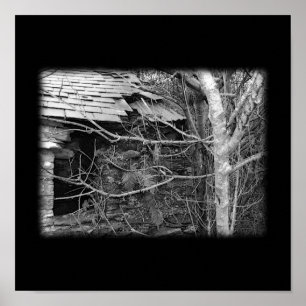 Poster Old cottage and Tree. Black and white.
