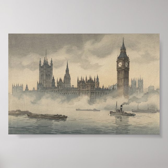 Poster Old London in the Mist Japanese Woodblock Print (Frente)