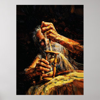 Poster Old Man Hourglass Time Slipping Away Impasto