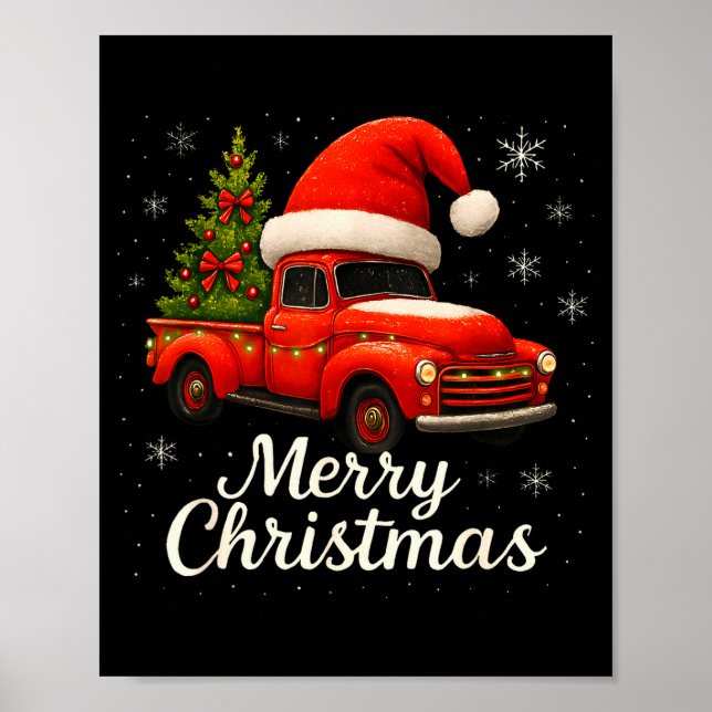 Poster Old Red Truck Santa Hat Xmas Tree Merry Christmas  (Frente)