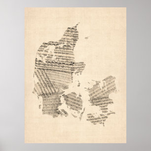 Poster Old Sheet Music Map of Denmark
