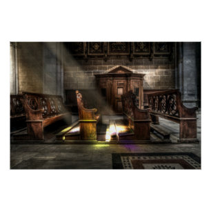 Pôster Old Wooden Church Bench com Kneeler