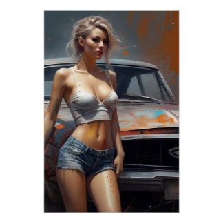Pôster oldtimer pinup nostalgie kunstwerk blond frau