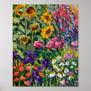 Poster Óleo de Tinta de Campo de Íris e Girassol de Verão