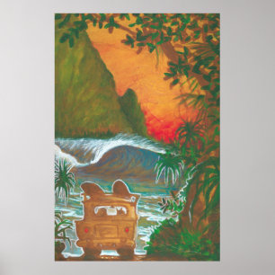 Poster Olhando o homem do por do sol perseguir e surfar