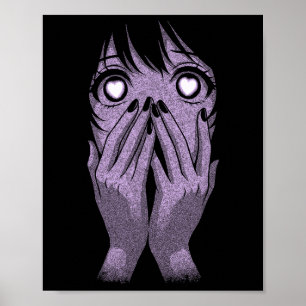 Poster Olhar de Anime Garota Corações Mangá Otaku Grunge