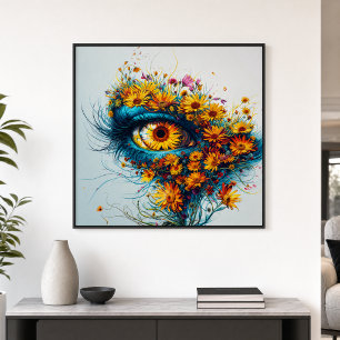Pôster Olho Surreal da Mãe Natureza Amarelo Verde Flores 