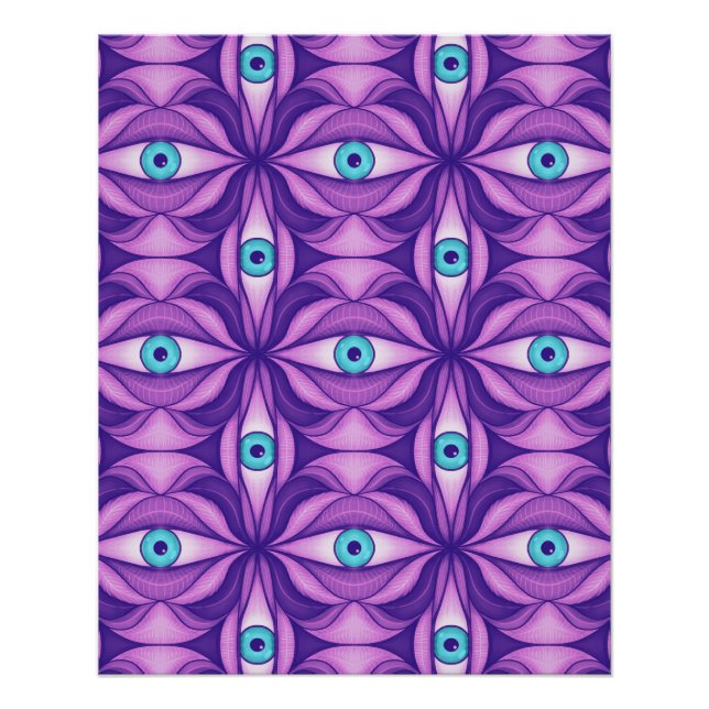 Pôster Olhos Azuis Quirky No Padrão Roxo Místico (Frente)
