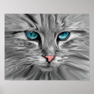 Pôster Olhos de Gato Fofo Rosto Pintura a Óleo em Aquarel