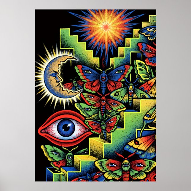 Poster Olhos de Mariposas Psicodélicas Sol Lua Arte Surre (Frente)