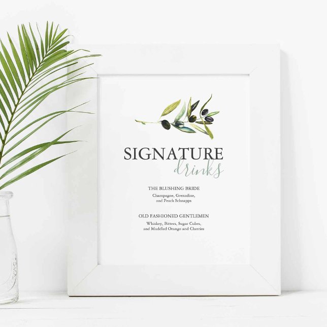 Poster Olive Branch Signature Drinks Wedding Sign (Olive wedding bar signs with watercolor art by Victoria Grigaliunas of Do Tell A Belle)