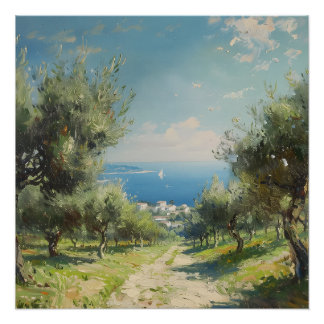 Pôster Olive Grove with Coastal Village and Sea