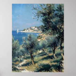 Poster Olive Grove with Coastal Village and Sea