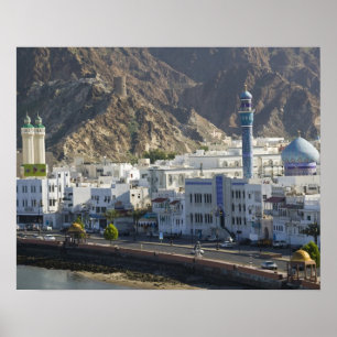 Poster Oman, Muscat, Mutrah. Edifícios ao longo de Mutra