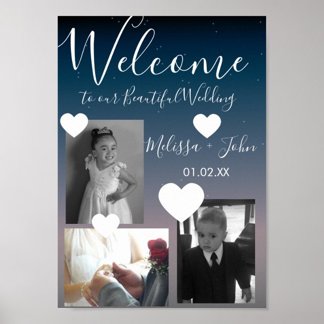 Poster Ombre Wedding Three Photo Collage Script Hearts (Frente)