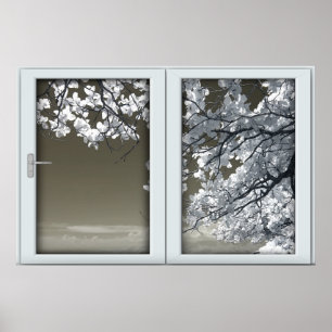 Poster Ominous White Tree Blossoms Faux Window Illusion