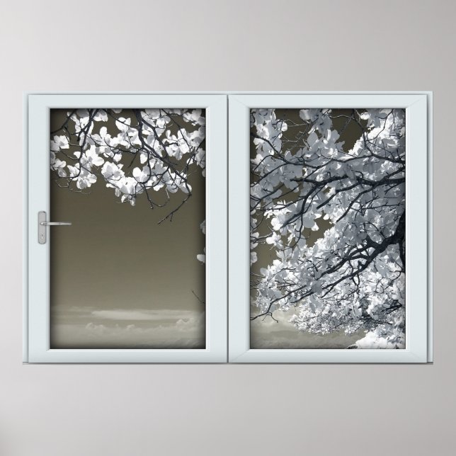 Poster Ominous White Tree Blossoms Faux Window Illusion  (Frente)