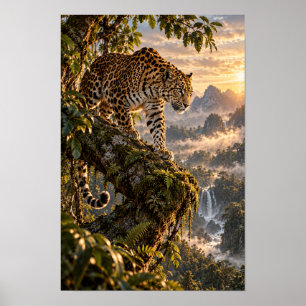 Poster Onça sobre Árvore Musgosa na Selva Tropical Arte d