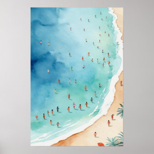 Poster Onda da Praia do Oceano em Aquarela de Verão da Mo