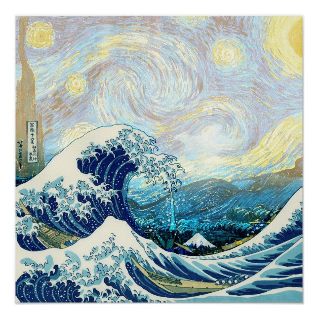 PÔSTER ONDA DE KANAGAWA EM FUNDO DE NOITE ESTRELADA (Frente)