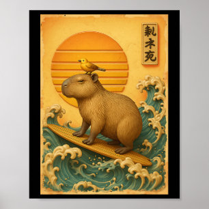 Poster Onda de Surf Capyra Arte Japonês Vintage Ukiyo-e