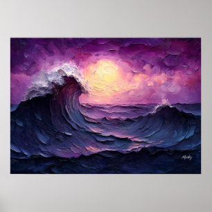 Poster Onda do Pôr do Sol Majestoso em Estilo de Óleo Tex
