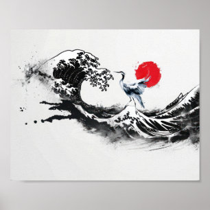 Poster Onda Japonesa, Garça, arte de pintura minimalista