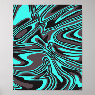Poster Ondas Abstratas Ciano e Pretas